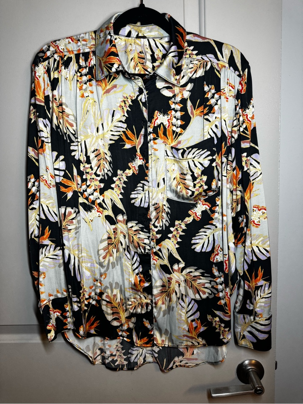 Free People Black Floral Button-Down Shirt with Orange and Cream Leaves